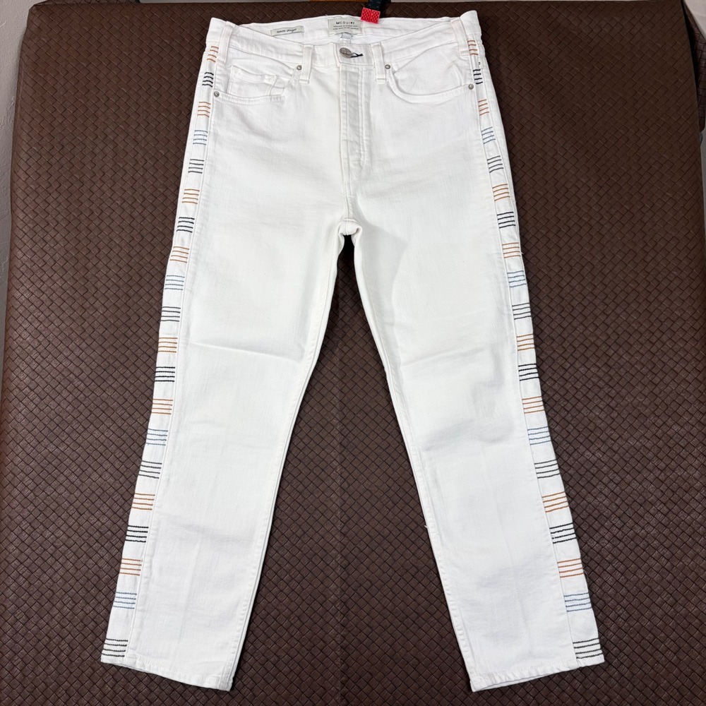 McGuire Valetta Straight White Jeans Embroidered Stripe Button Fly Size 31
